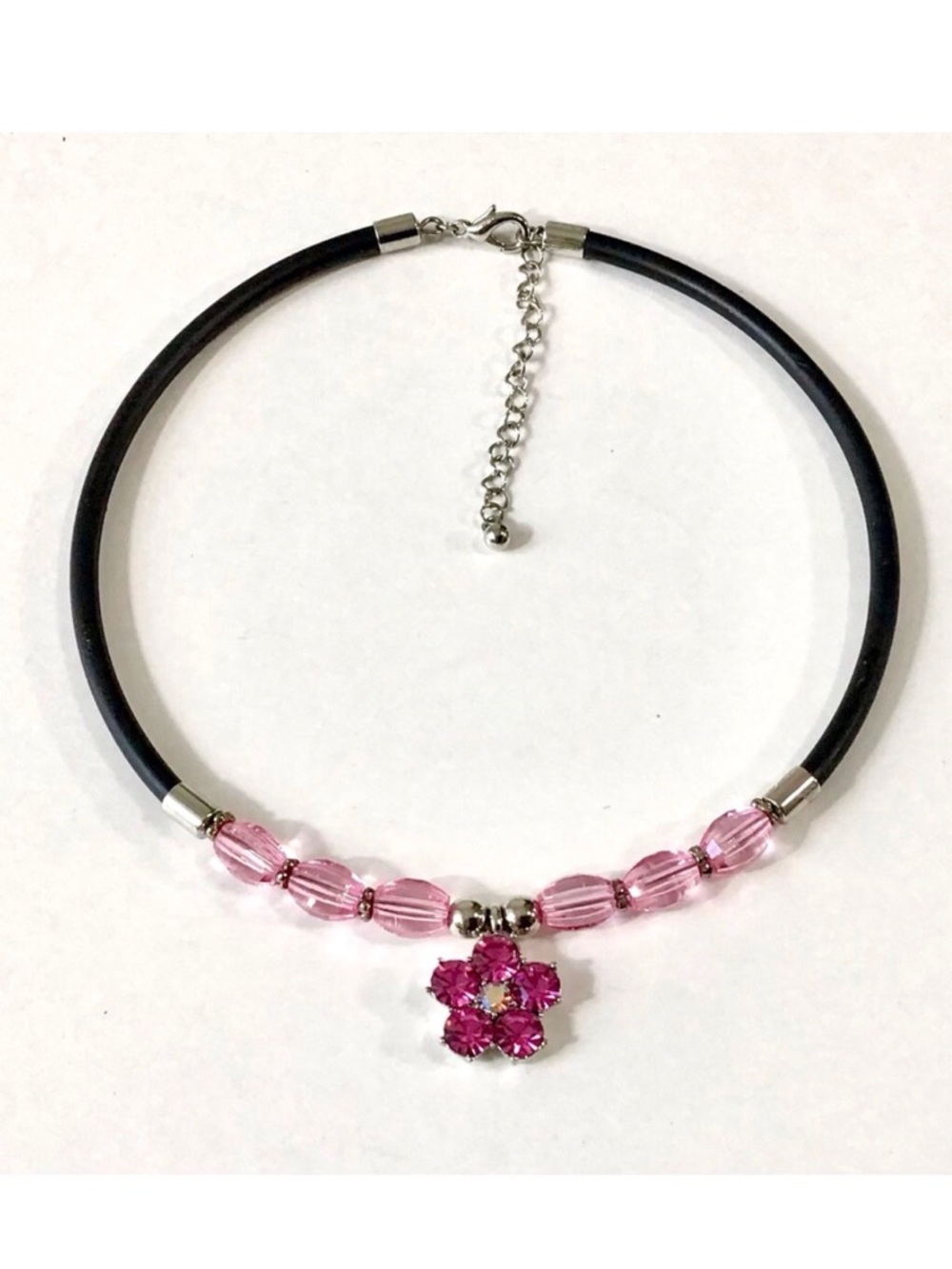 Rhinestone Flower Pendant Necklace Pink Beads Black Cord Adjustable Clasp